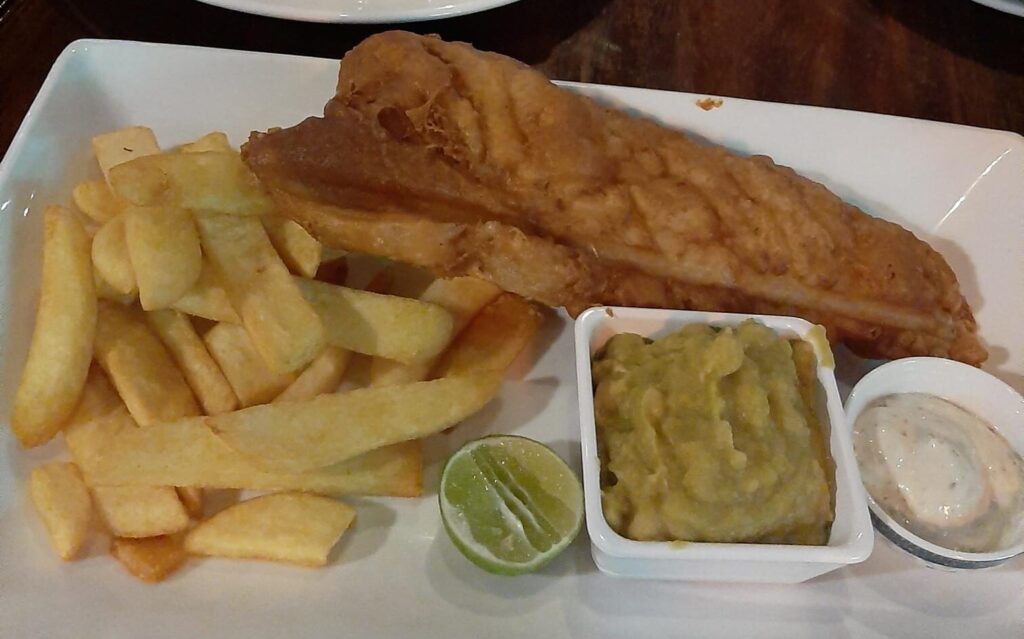 British fish and chips with mushy peas