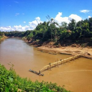 Mekong River and bamboo bridge building in Luang Prabang, Laos