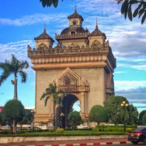 Patuxai building at sunset in Vientiane, Laos