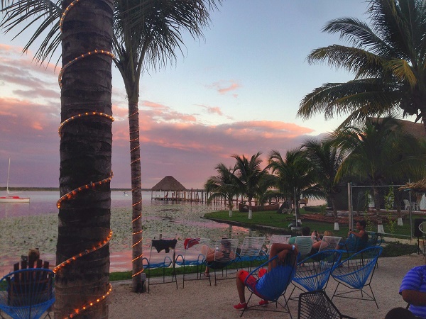 Sunset view of Lake Bacalar, Mexico, from the Yak Lake House hostel