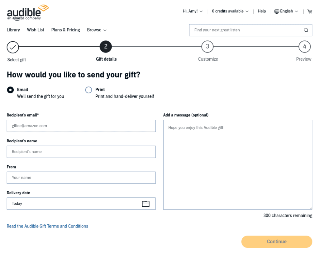 gift details for audible