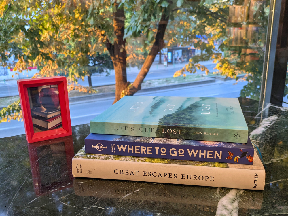 travel coffee table book styles by a window