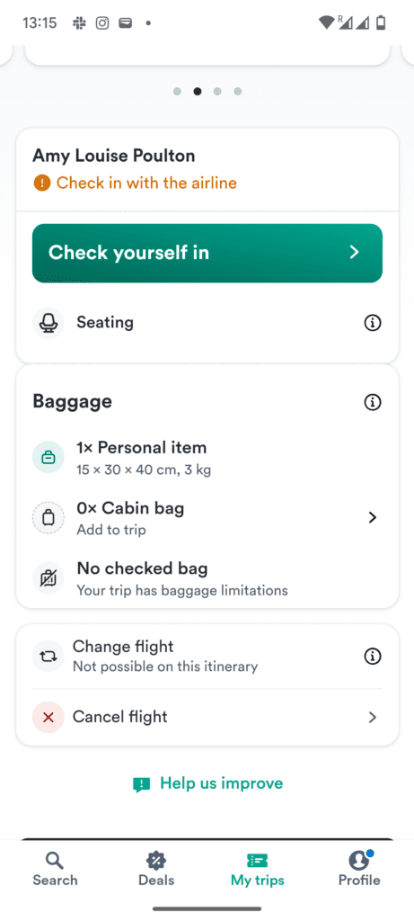 baggage options on kiwi app