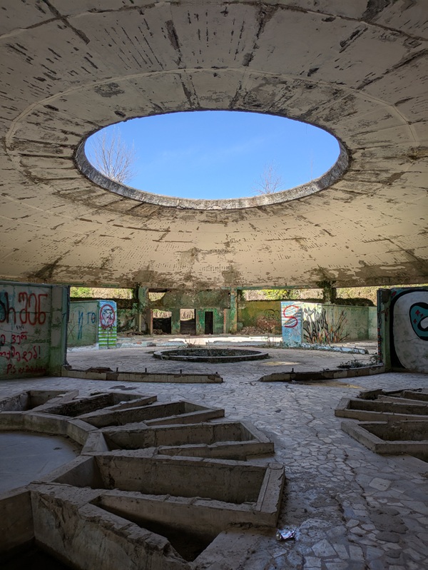 open roof abandoned Soviet santatorium in Tskaltubo