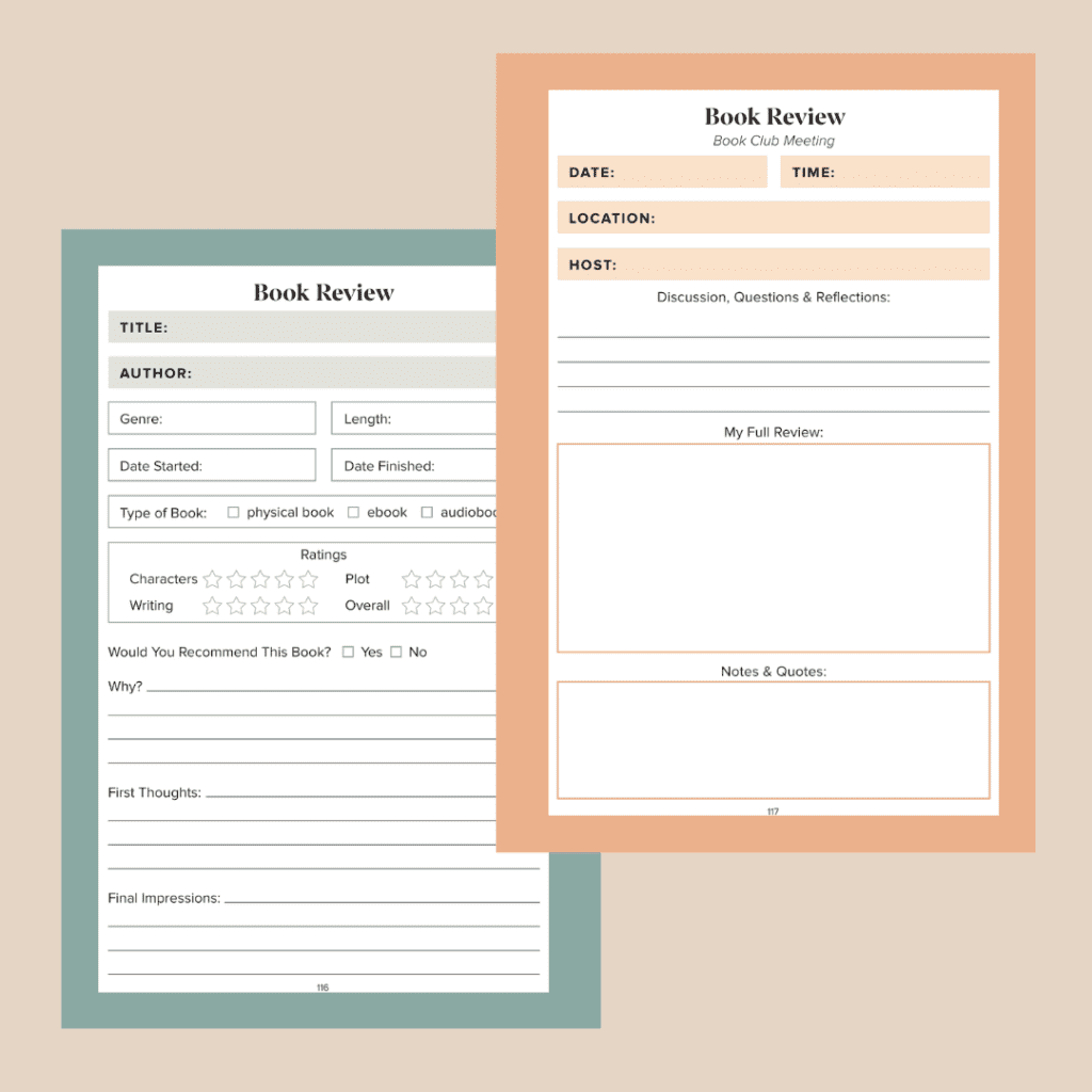 book club journal book review pages