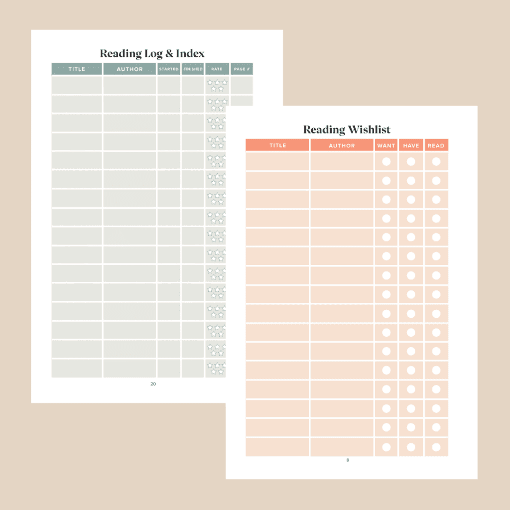 reading log and reading tracker pages